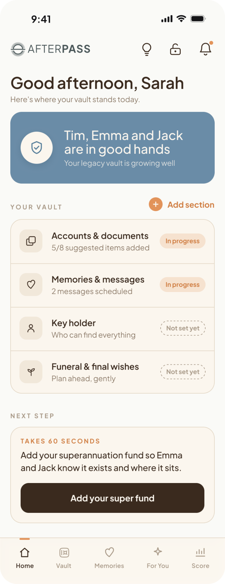 Afterpass home dashboard showing your vault progress